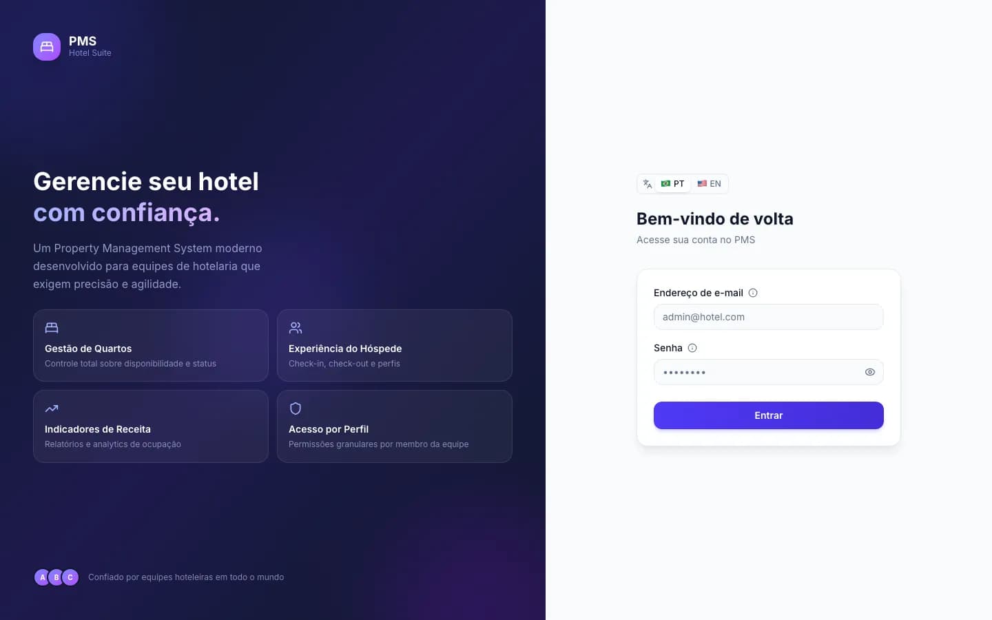 Tela de login do PMS Hotel com destaques do produto