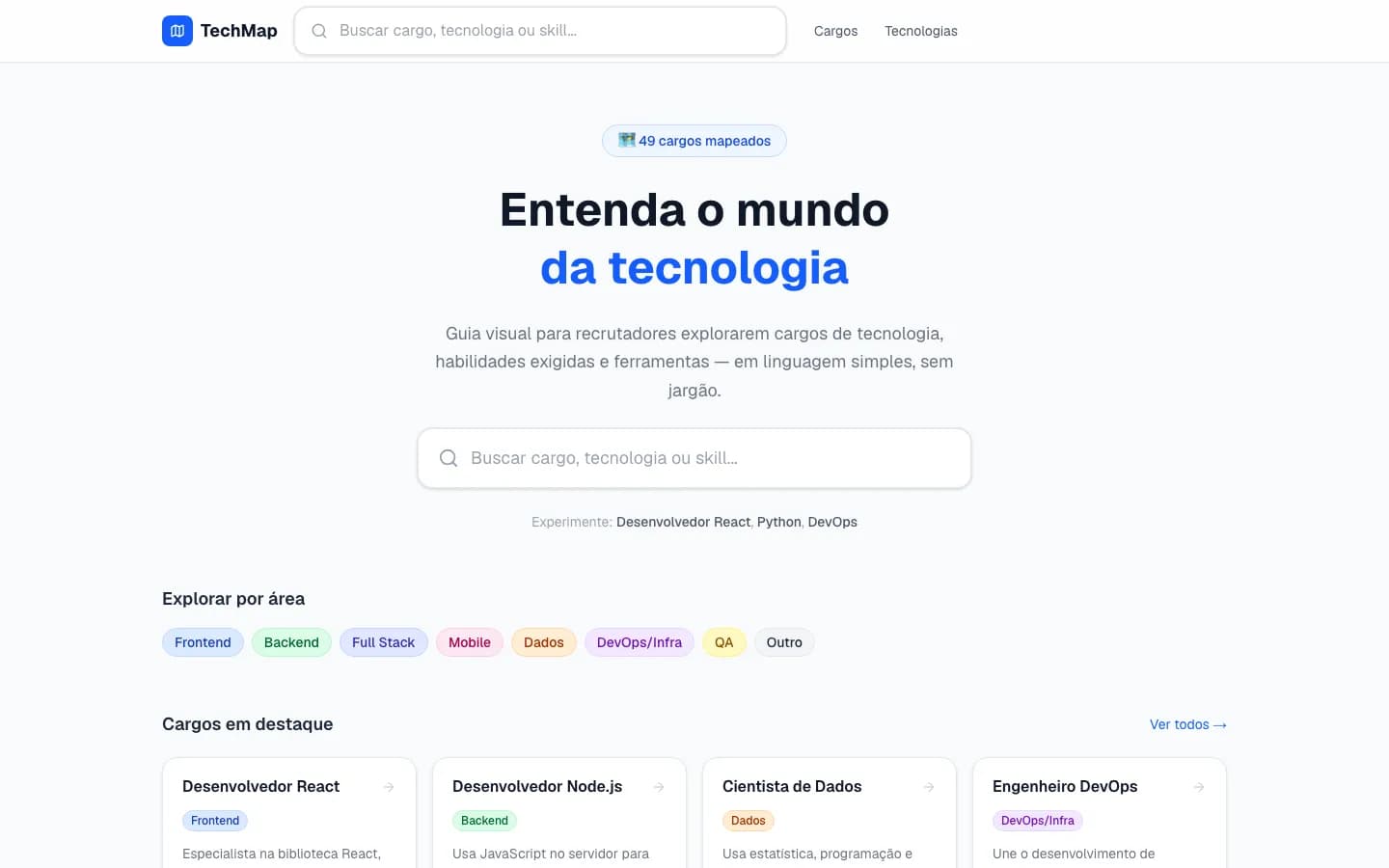Página inicial do TechMap com busca de cargos e tecnologias